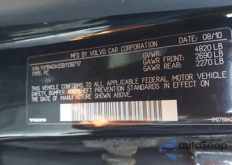 2011 Volvo S80 3.2 z USA, uszkodzony, nr VIN YV1940AS5B1138717